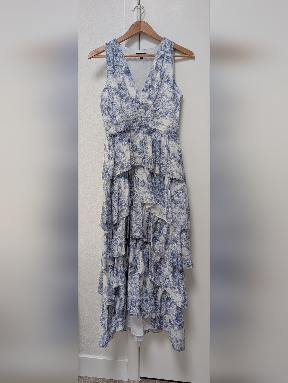 1.STATE White Dress with Blue Toile Accents